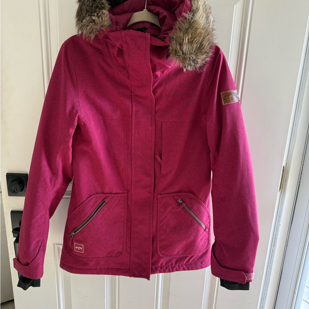 Billabong Pink Kids Puffer Jacket with Faux Fur